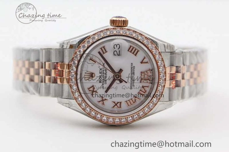 Lady DateJust 28 SS RG TWF Diamonds Bezel 1:1 Best Edition White Dial Roman Markers on Jubilee Bracelet NH EyeCatching 10179