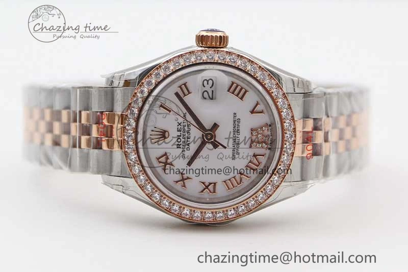 Lady DateJust 28 SS RG TWF Diamonds Bezel 1:1 Best Edition White Dial Roman Markers on Jubilee Bracelet NH EyeCatching 10179
