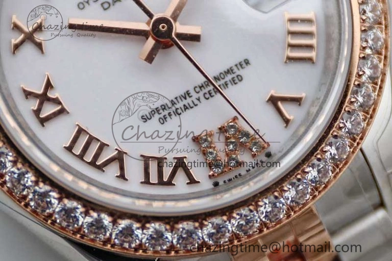 Lady DateJust 28 SS RG TWF Diamonds Bezel 1:1 Best Edition White Dial Roman Markers on Jubilee Bracelet NH EyeCatching 10179