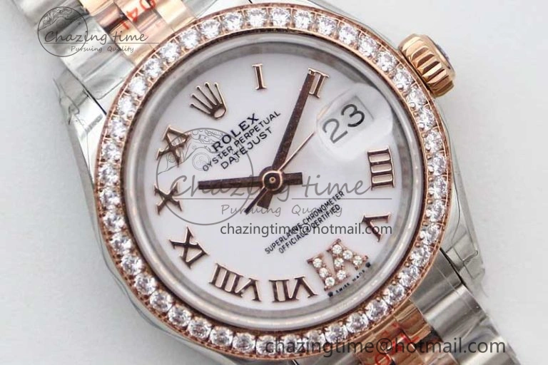 Lady DateJust 28 SS RG TWF Diamonds Bezel 1:1 Best Edition White Dial Roman Markers on Jubilee Bracelet NH EyeCatching 10179