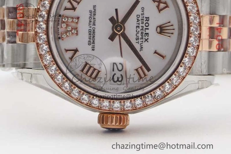 Lady DateJust 28 SS RG TWF Diamonds Bezel 1:1 Best Edition White Dial Roman Markers on Jubilee Bracelet NH EyeCatching 10179
