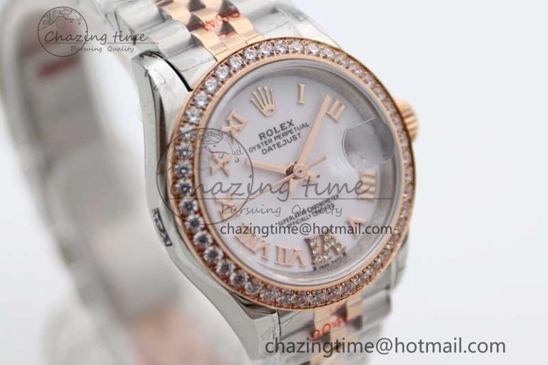 Lady DateJust 28 SS RG TWF Diamonds Bezel 1:1 Best Edition White Dial Roman Markers on Jubilee Bracelet NH EyeCatching 10179