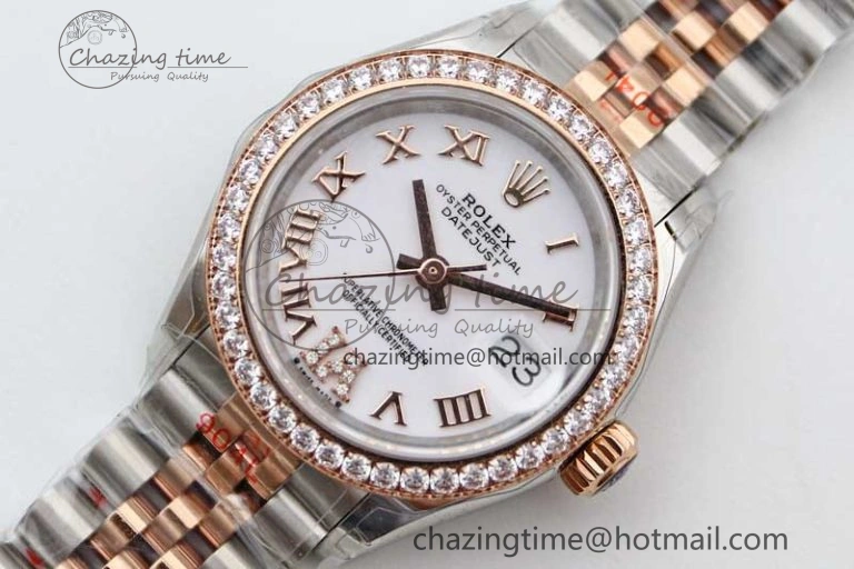 Lady DateJust 28 SS RG TWF Diamonds Bezel 1:1 Best Edition White Dial Roman Markers on Jubilee Bracelet NH EyeCatching 10179