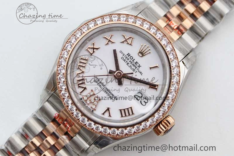 Lady DateJust 28 SS RG TWF Diamonds Bezel 1:1 Best Edition White Dial Roman Markers on Jubilee Bracelet NH EyeCatching 10179