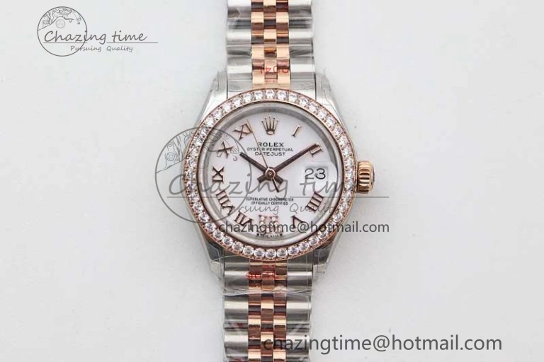 Lady DateJust 28 SS RG TWF Diamonds Bezel 1:1 Best Edition White Dial Roman Markers on Jubilee Bracelet NH EyeCatching 10179