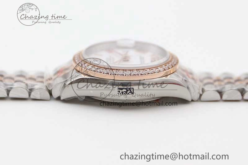Lady DateJust 28 SS RG TWF Diamonds Bezel 1:1 Best Edition White Dial Roman Markers on Jubilee Bracelet NH EyeCatching 10179