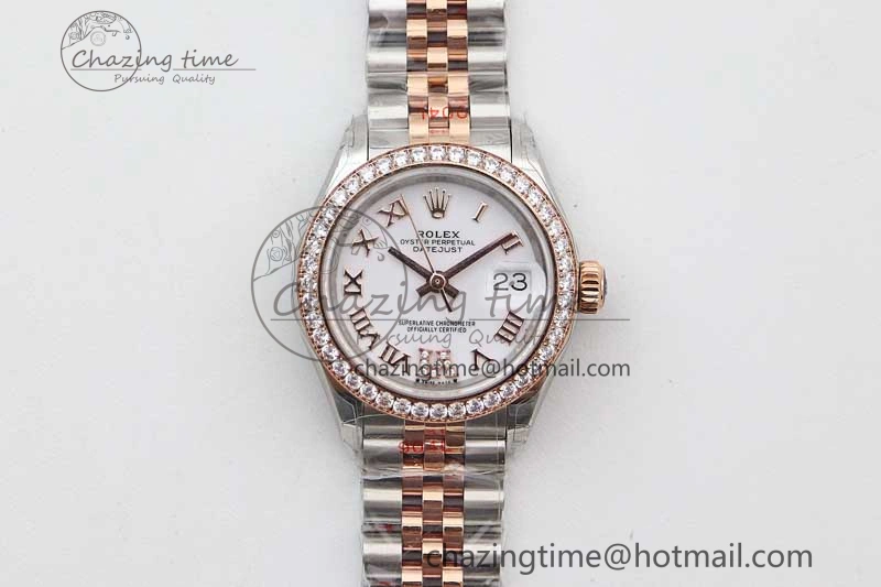 Lady DateJust 28 SS RG TWF Diamonds Bezel 1:1 Best Edition White Dial Roman Markers on Jubilee Bracelet NH EyeCatching 10179
