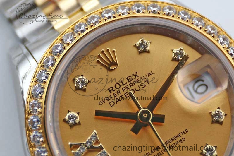 SmartChoice Lady DateJust 28 SS YG TWF Diamonds Bezel 1:1 Best Edition Gold Dial Diam Roman Markers on Jubilee Bracelet NH 10184