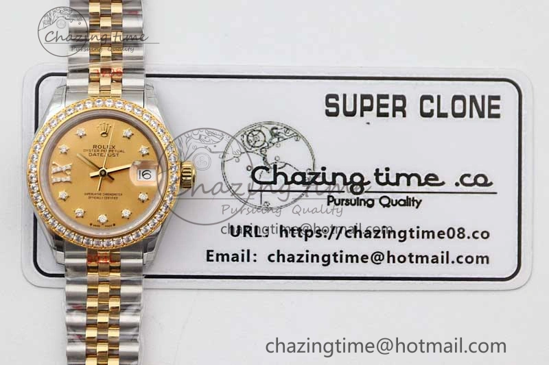 SmartChoice Lady DateJust 28 SS YG TWF Diamonds Bezel 1:1 Best Edition Gold Dial Diam Roman Markers on Jubilee Bracelet NH 10184