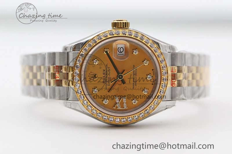 SmartChoice Lady DateJust 28 SS YG TWF Diamonds Bezel 1:1 Best Edition Gold Dial Diam Roman Markers on Jubilee Bracelet NH 10184
