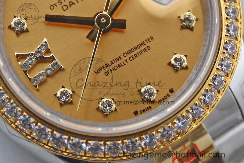 SmartChoice Lady DateJust 28 SS YG TWF Diamonds Bezel 1:1 Best Edition Gold Dial Diam Roman Markers on Jubilee Bracelet NH 10184