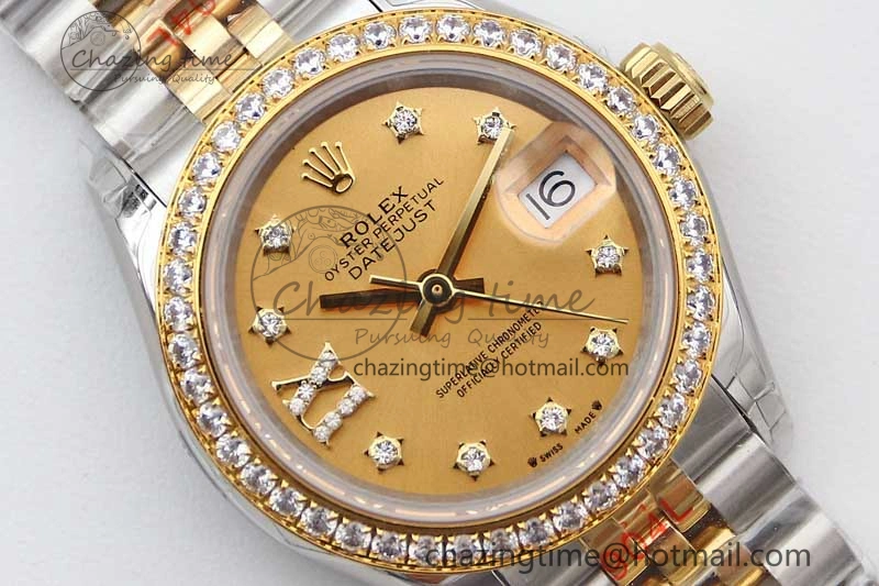 SmartChoice Lady DateJust 28 SS YG TWF Diamonds Bezel 1:1 Best Edition Gold Dial Diam Roman Markers on Jubilee Bracelet NH 10184