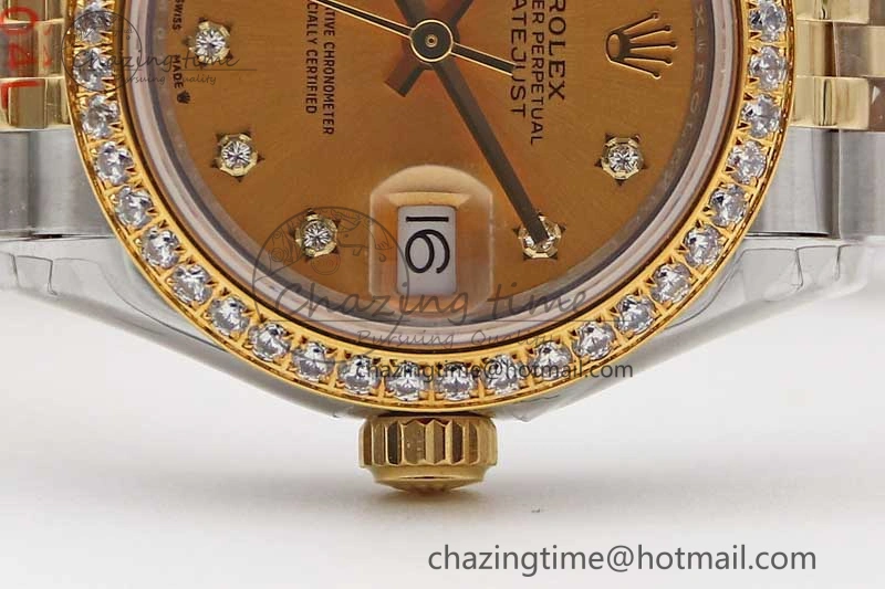 SmartChoice Lady DateJust 28 SS YG TWF Diamonds Bezel 1:1 Best Edition Gold Dial Diam Roman Markers on Jubilee Bracelet NH 10184