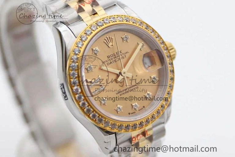 SmartChoice Lady DateJust 28 SS YG TWF Diamonds Bezel 1:1 Best Edition Gold Dial Diam Roman Markers on Jubilee Bracelet NH 10184