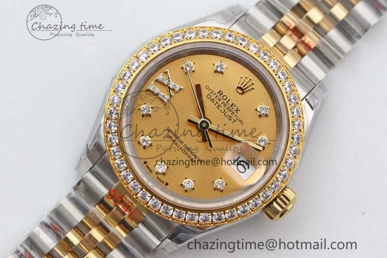 SmartChoice Lady DateJust 28 SS YG TWF Diamonds Bezel 1:1 Best Edition Gold Dial Diam Roman Markers on Jubilee Bracelet NH 10184