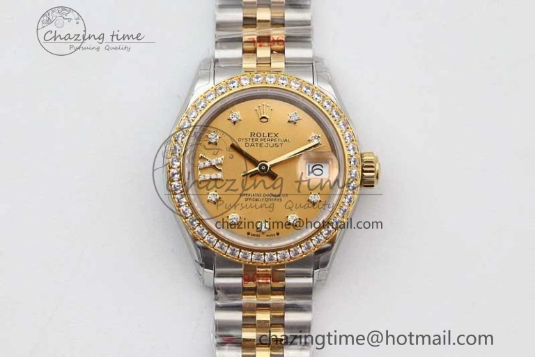 Vibrant Lady DateJust 28 SS YG TWF Diamonds Bezel 1:1 Best Edition Gold Dial Diam Roman Markers on Jubilee Bracelet NH 2132