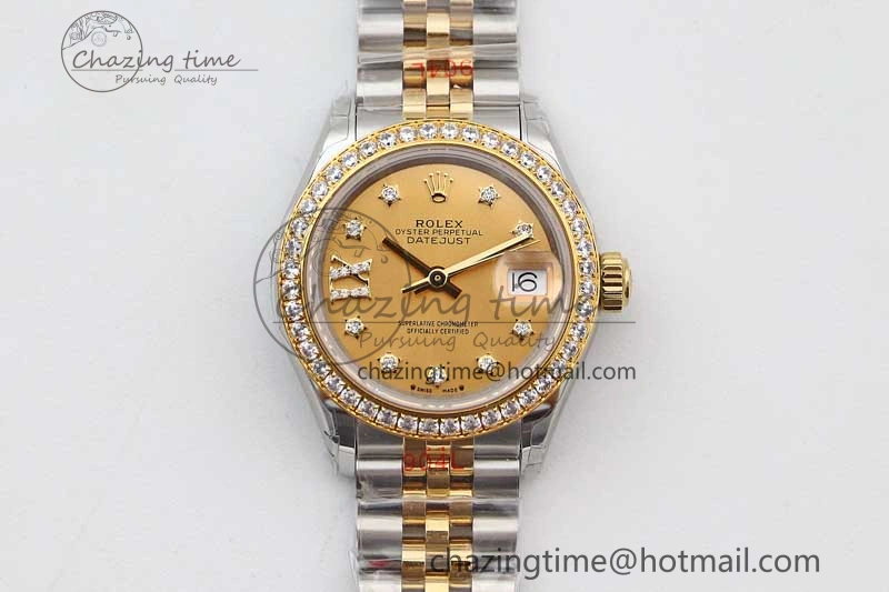 SmartChoice Lady DateJust 28 SS YG TWF Diamonds Bezel 1:1 Best Edition Gold Dial Diam Roman Markers on Jubilee Bracelet NH 10184