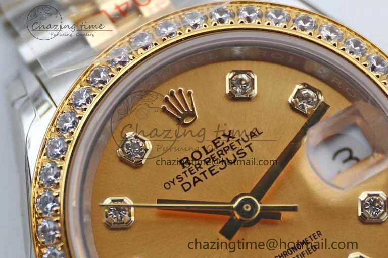 Lady DateJust 28 SS YG TWF Diamonds Bezel 1:1 Best Edition Gold Dial Diamond Markers on Jubilee Bracelet NH Classic 2133