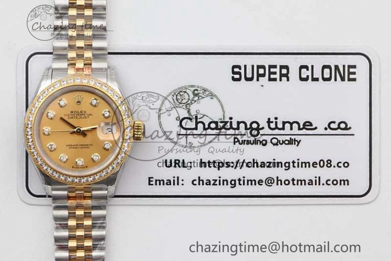 Lady DateJust 28 SS YG TWF Diamonds Bezel 1:1 Best Edition Gold Dial Diamond Markers on Jubilee Bracelet NH Classic 2133