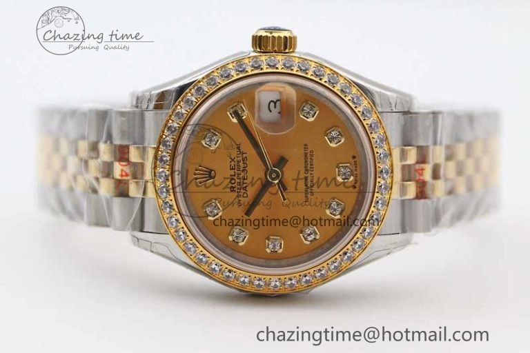 Lady DateJust 28 SS YG TWF Diamonds Bezel 1:1 Best Edition Gold Dial Diamond Markers on Jubilee Bracelet NH Classic 2133