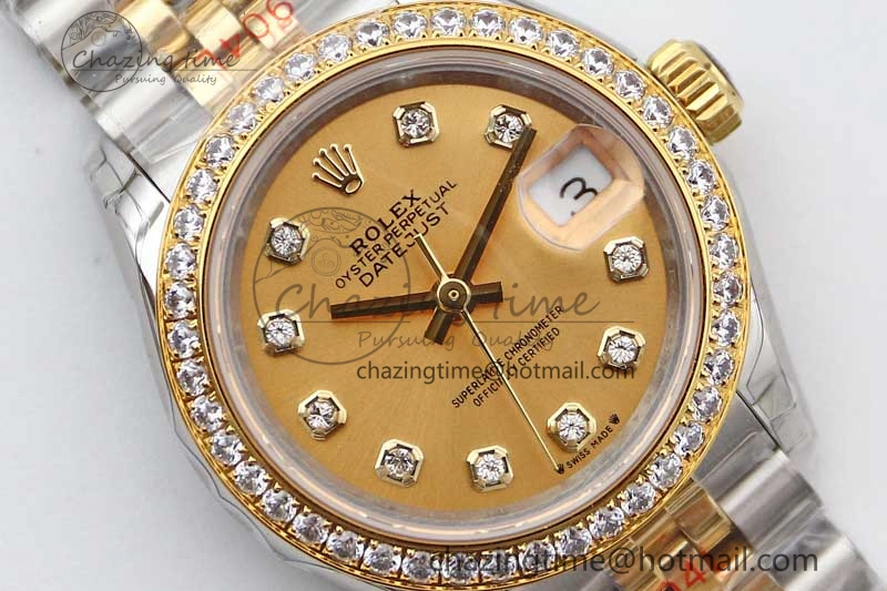Lady DateJust 28 SS YG TWF Diamonds Bezel 1:1 Best Edition Gold Dial Diamond Markers on Jubilee Bracelet NH Classic 2133