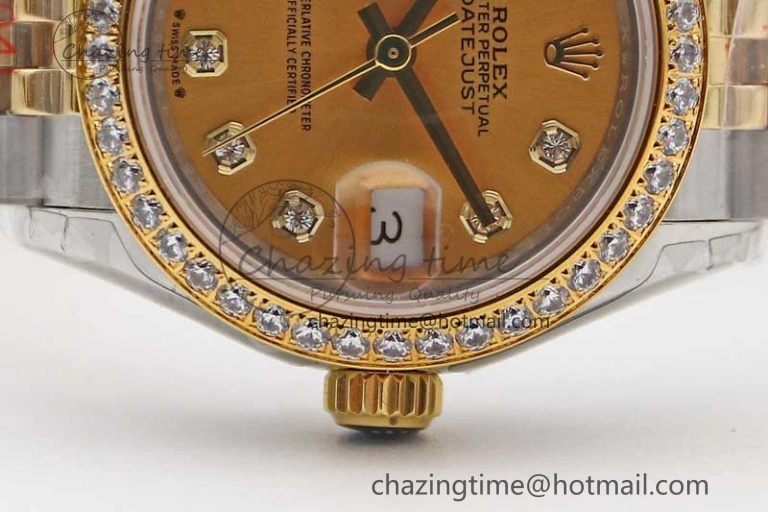 Lady DateJust 28 SS YG TWF Diamonds Bezel 1:1 Best Edition Gold Dial Diamond Markers on Jubilee Bracelet NH Classic 2133