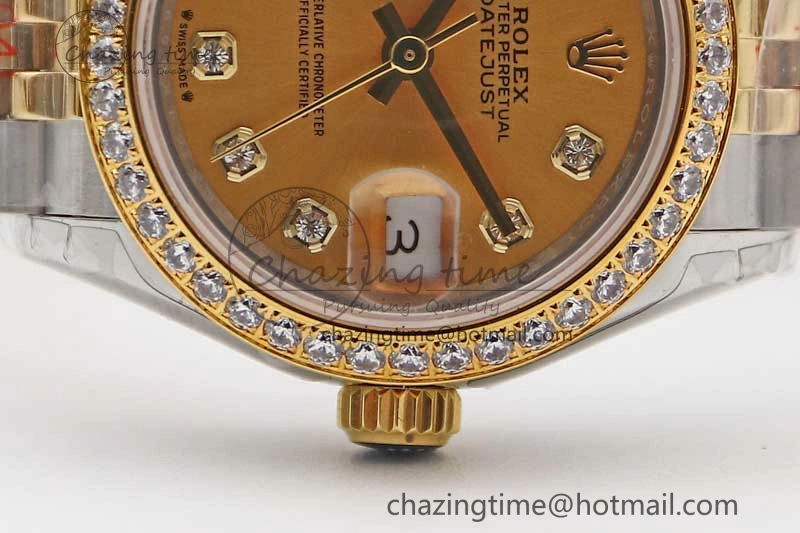 Lady DateJust 28 SS YG TWF Diamonds Bezel 1:1 Best Edition Gold Dial Diamond Markers on Jubilee Bracelet NH Classic 2133