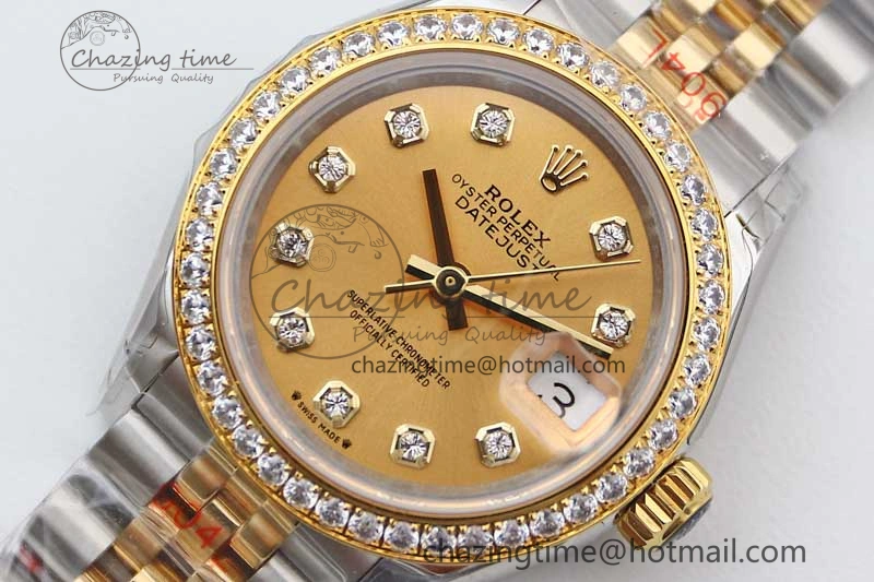 Lady DateJust 28 SS YG TWF Diamonds Bezel 1:1 Best Edition Gold Dial Diamond Markers on Jubilee Bracelet NH Classic 2133