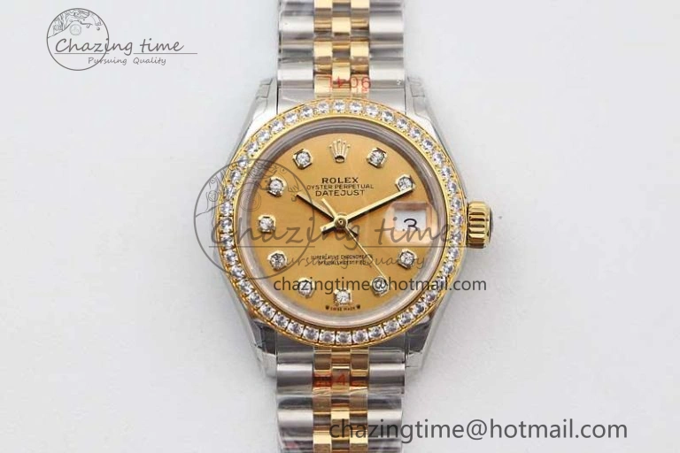 Lady DateJust 28 SS YG TWF Diamonds Bezel 1:1 Best Edition Gold Dial Diamond Markers on Jubilee Bracelet NH Youthful 10182