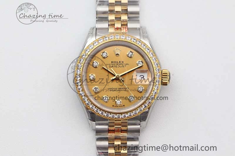 Lady DateJust 28 SS YG TWF Diamonds Bezel 1:1 Best Edition Gold Dial Diamond Markers on Jubilee Bracelet NH Classic 2133