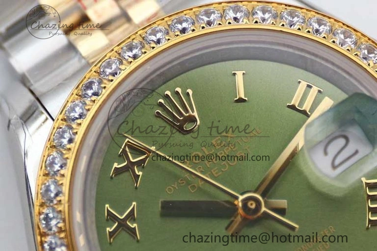Seasonal Lady DateJust 28 SS YG TWF Diamonds Bezel 1:1 Best Edition Green Dial Roman Markers on Jubilee Bracelet NH 2135