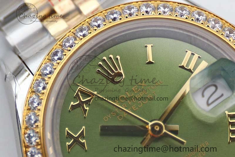 Seasonal Lady DateJust 28 SS YG TWF Diamonds Bezel 1:1 Best Edition Green Dial Roman Markers on Jubilee Bracelet NH 2135