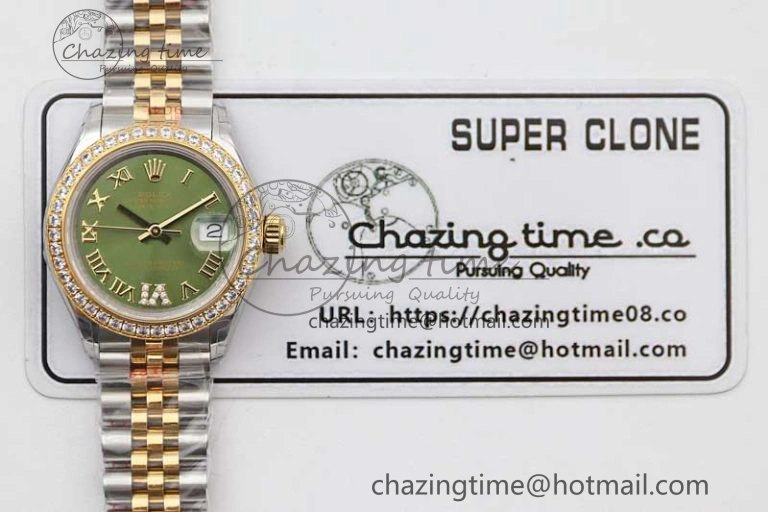 Seasonal Lady DateJust 28 SS YG TWF Diamonds Bezel 1:1 Best Edition Green Dial Roman Markers on Jubilee Bracelet NH 2135