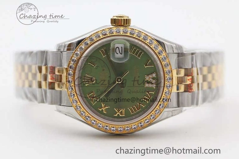 Seasonal Lady DateJust 28 SS YG TWF Diamonds Bezel 1:1 Best Edition Green Dial Roman Markers on Jubilee Bracelet NH 2135