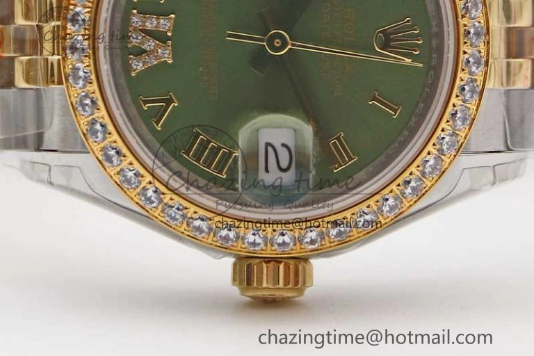 Seasonal Lady DateJust 28 SS YG TWF Diamonds Bezel 1:1 Best Edition Green Dial Roman Markers on Jubilee Bracelet NH 2135