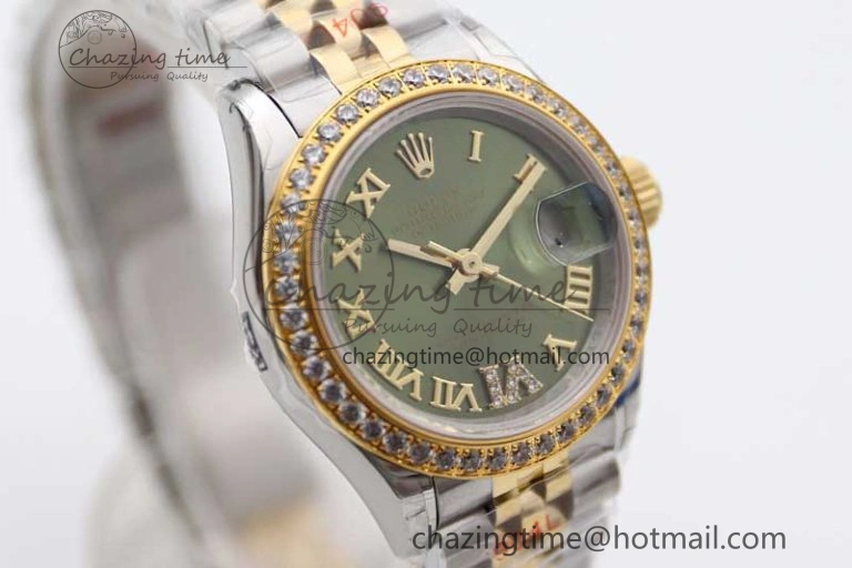 Seasonal Lady DateJust 28 SS YG TWF Diamonds Bezel 1:1 Best Edition Green Dial Roman Markers on Jubilee Bracelet NH 2135
