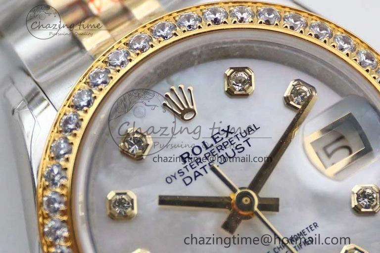 Lady DateJust 28 SS YG TWF Diamonds Bezel 1:1 Best Edition White MOP Dial Diamond Markers on Jubilee Bracelet NH Classic 10183