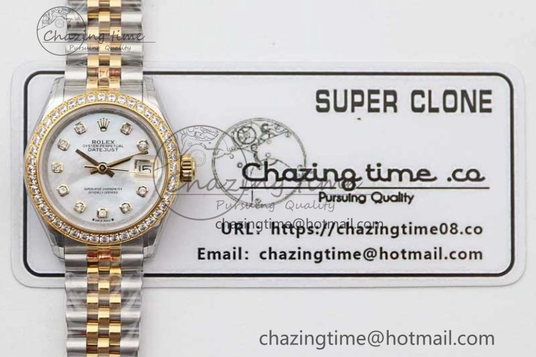 Lady DateJust 28 SS YG TWF Diamonds Bezel 1:1 Best Edition White MOP Dial Diamond Markers on Jubilee Bracelet NH Classic 10183