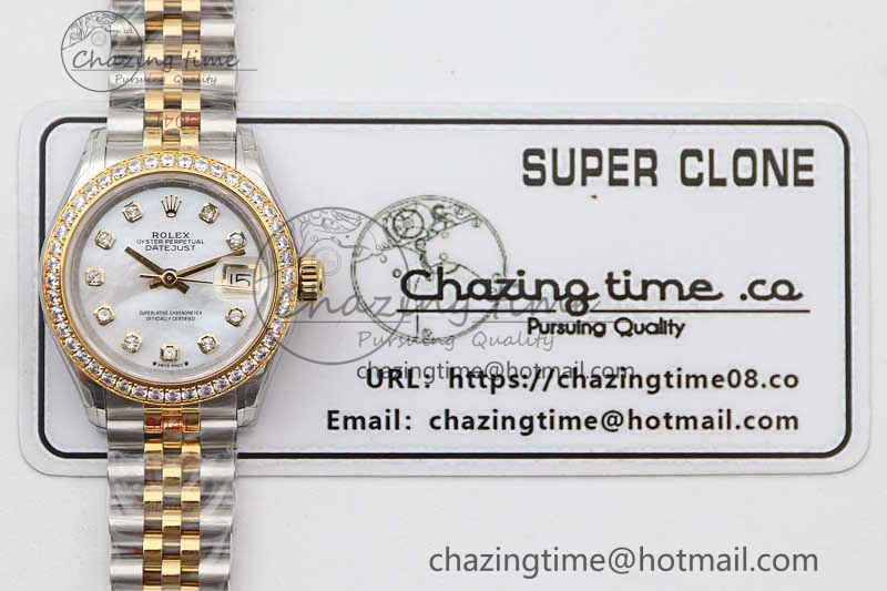 Lady DateJust 28 SS YG TWF Diamonds Bezel 1:1 Best Edition White MOP Dial Diamond Markers on Jubilee Bracelet NH Classic 10183