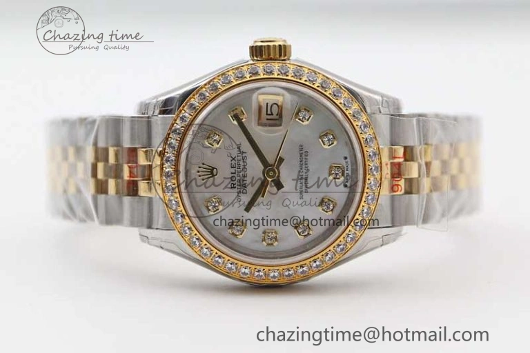 Lady DateJust 28 SS YG TWF Diamonds Bezel 1:1 Best Edition White MOP Dial Diamond Markers on Jubilee Bracelet NH Classic 10183