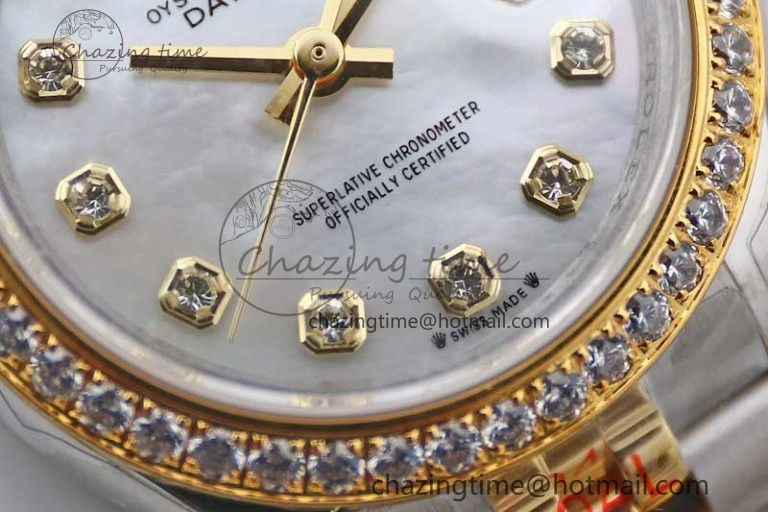 Lady DateJust 28 SS YG TWF Diamonds Bezel 1:1 Best Edition White MOP Dial Diamond Markers on Jubilee Bracelet NH Classic 10183