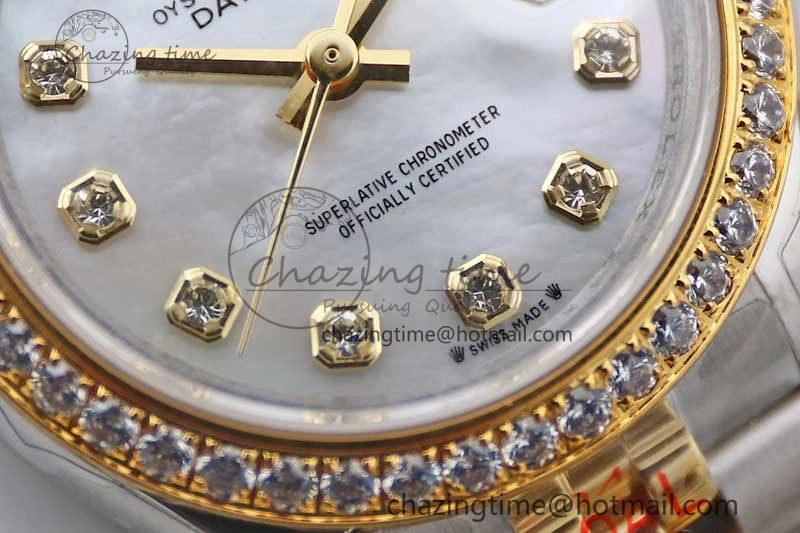 Lady DateJust 28 SS YG TWF Diamonds Bezel 1:1 Best Edition White MOP Dial Diamond Markers on Jubilee Bracelet NH Classic 10183