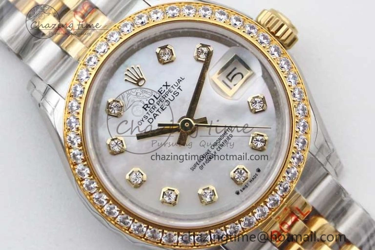 Lady DateJust 28 SS YG TWF Diamonds Bezel 1:1 Best Edition White MOP Dial Diamond Markers on Jubilee Bracelet NH Classic 10183