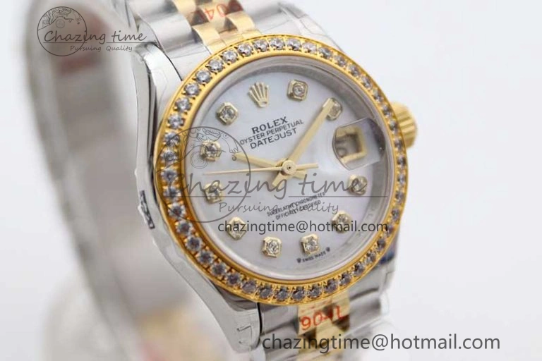 Lady DateJust 28 SS YG TWF Diamonds Bezel 1:1 Best Edition White MOP Dial Diamond Markers on Jubilee Bracelet NH Classic 10183