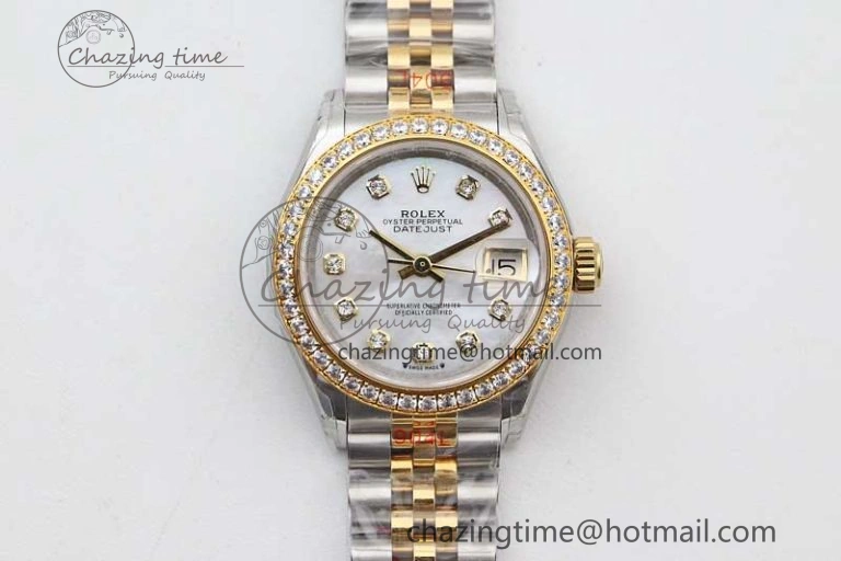 Lady DateJust 28 SS YG TWF Diamonds Bezel 1:1 Best Edition White MOP Dial Diamond Markers on Jubilee Bracelet NH Classic 10183