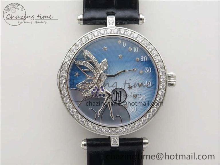 Lady Féerie Full Diamonds Case 5GF Best Edition Blue Dial on Leather Strap Quartz Affordable 10013