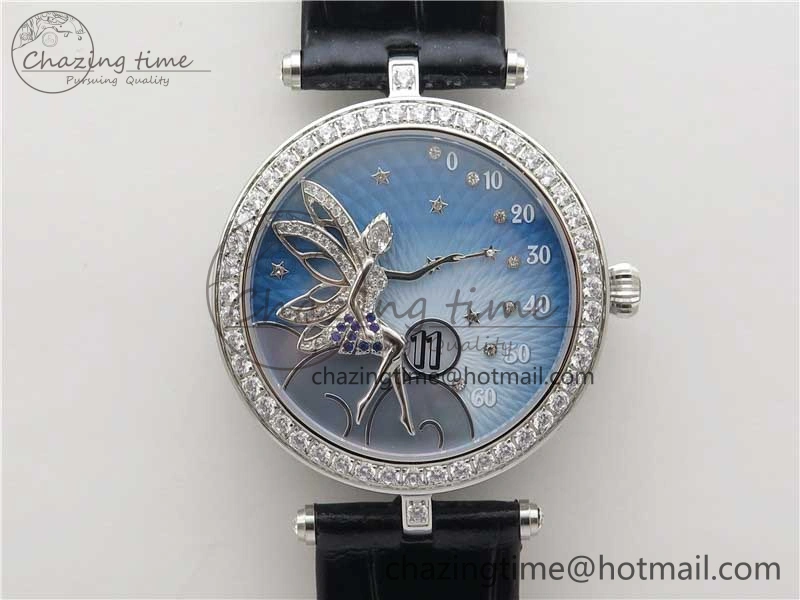 Lady Féerie Full Diamonds Case 5GF Best Edition Blue Dial on Leather Strap Quartz Affordable 10013