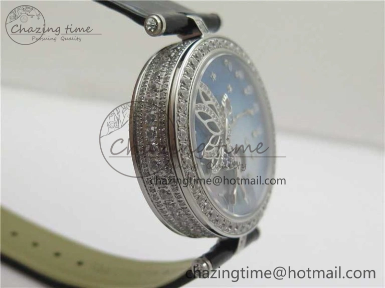 Lady Féerie Full Diamonds Case 5GF Best Edition Blue Dial on Leather Strap Quartz Affordable 10013