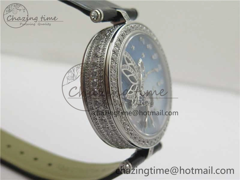 Lady Féerie Full Diamonds Case 5GF Best Edition Blue Dial on Leather Strap Quartz Affordable 10013