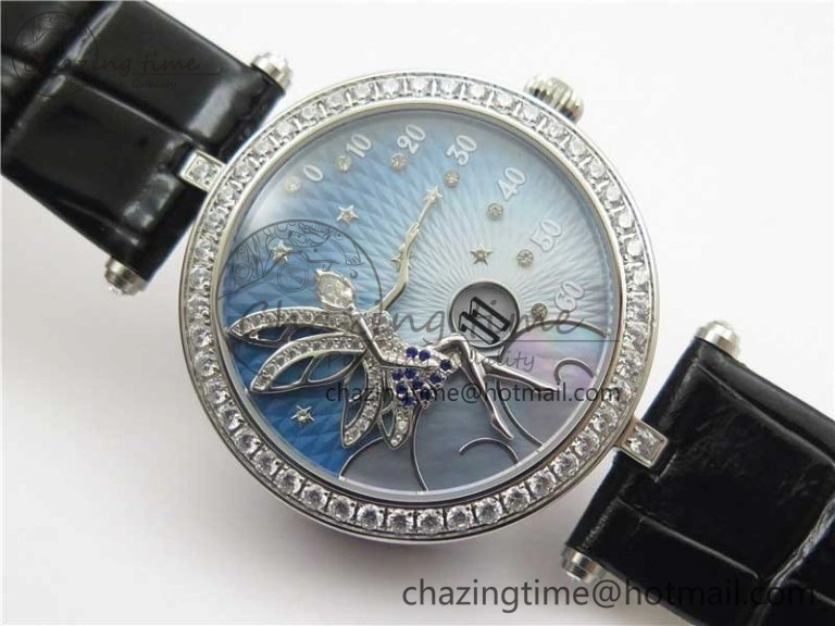 Lady Féerie Full Diamonds Case 5GF Best Edition Blue Dial on Leather Strap Quartz Affordable 10013